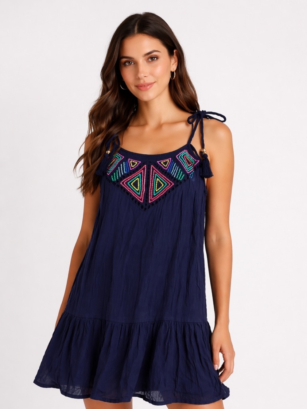 Blue Island Navy Boho Embroidered Dress Tie Strap Festival Mini size M